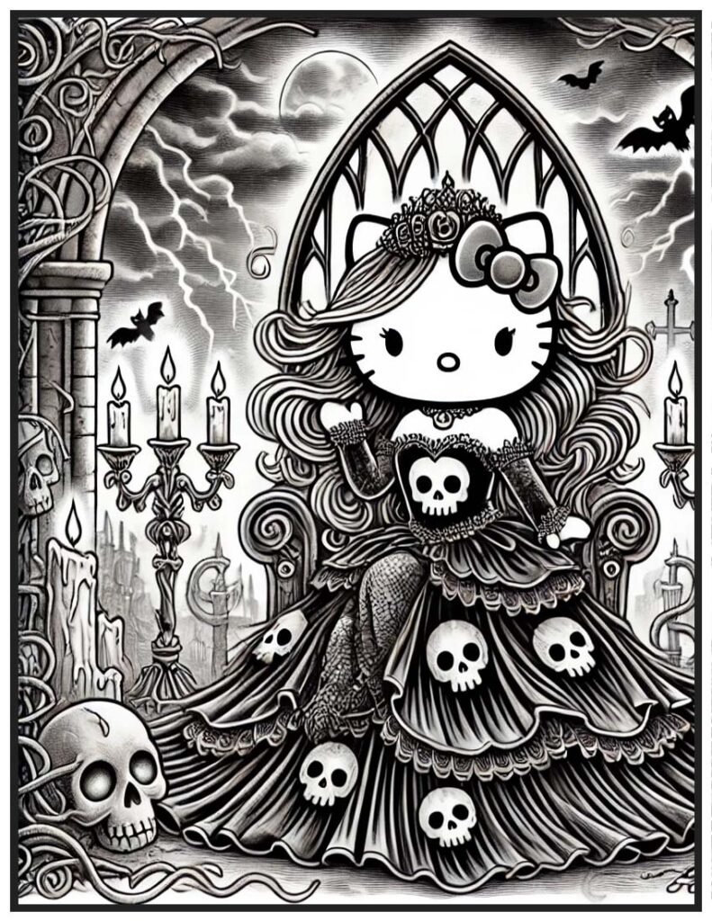 Dark Hello Kitty Princess seated on a throne of Bones