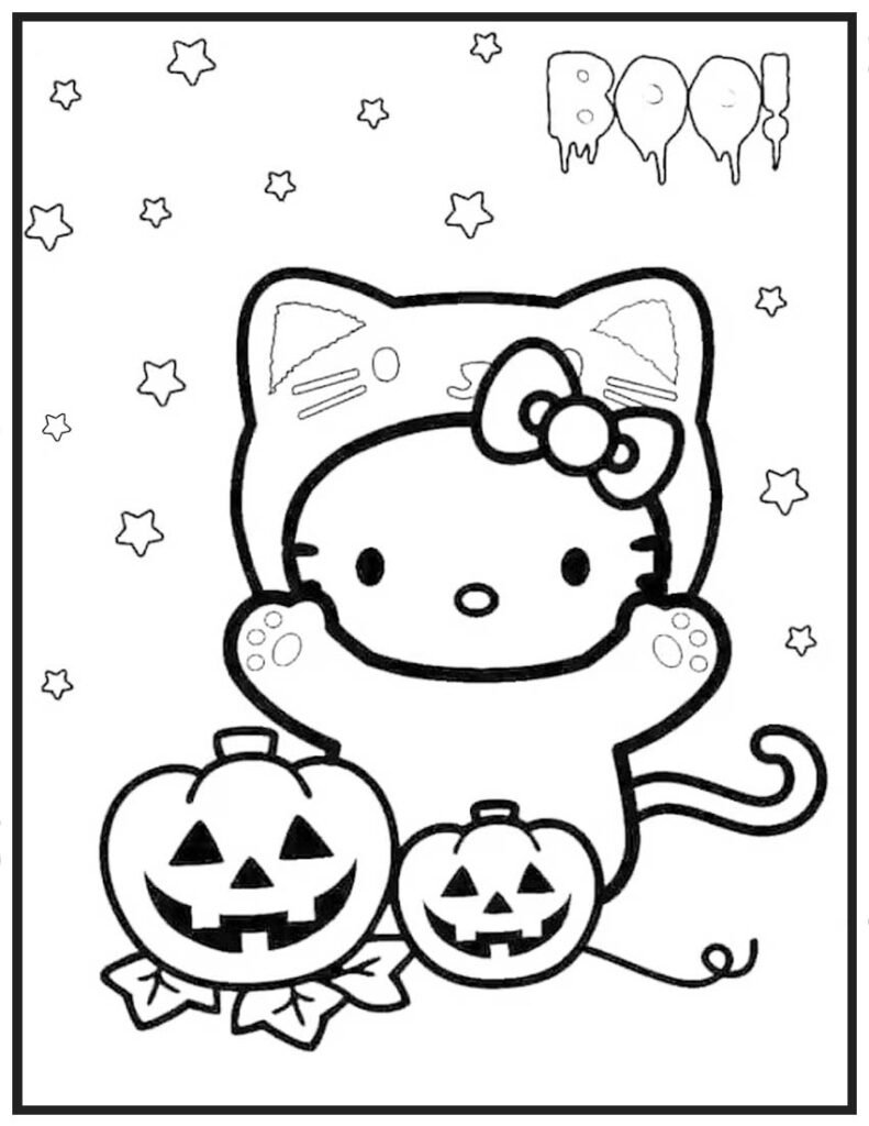 Hello Kitty Cat Costume - Boo! Halloween Coloring Page