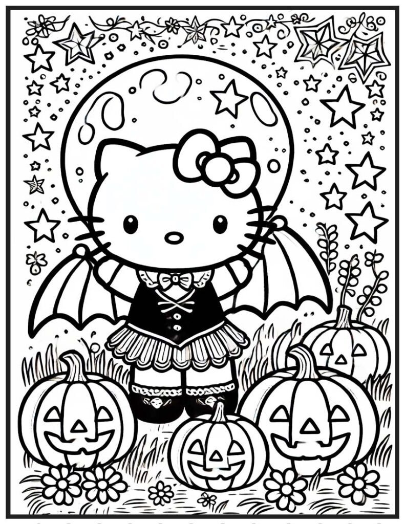 Hello Kitty Halloween Coloring Page - Bat in Pumpkin Patch