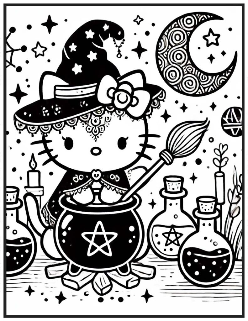 Hello Kitty Halloween Coloring Page - Black Cat and Cauldron