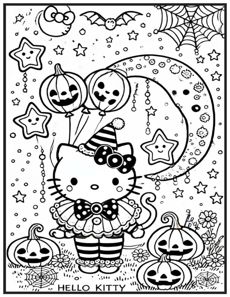 Hello Kitty Halloween Coloring Page - Clown with Pumpkin Balloons