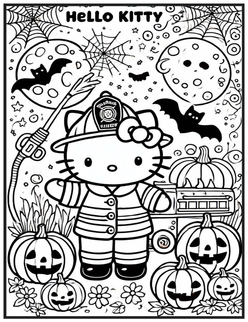 Hello Kitty Halloween Coloring Page - Firefighter in Festive Setting