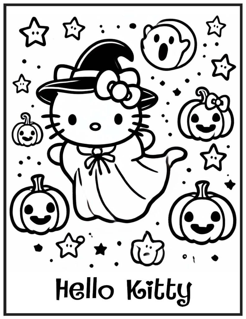 Hello Kitty Halloween Coloring Page - Floating Ghost in Portrait