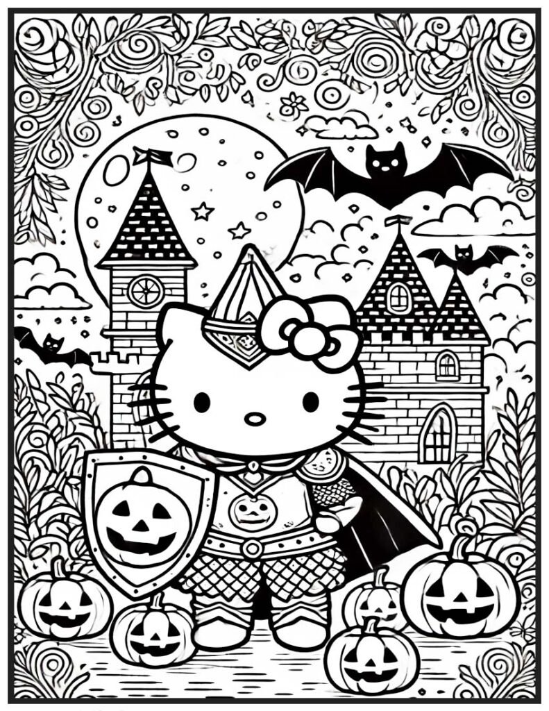 Hello Kitty Halloween Coloring Page - Knight at Spooky Castle