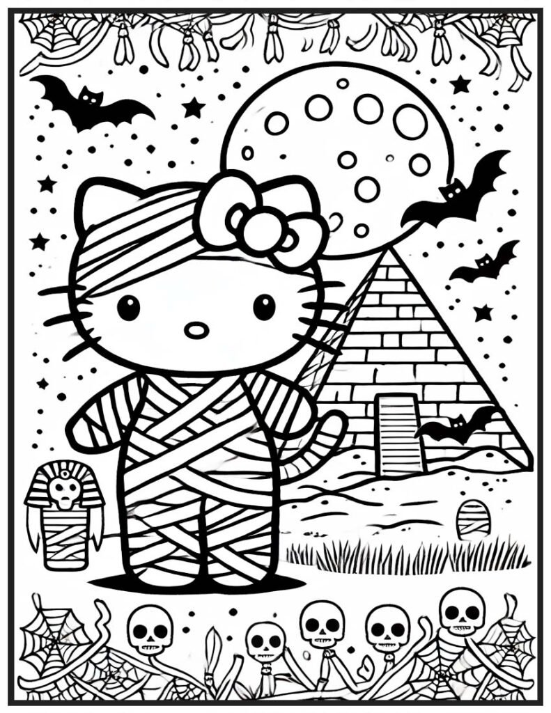 Hello Kitty Halloween Coloring Page - Mummy in the Desert