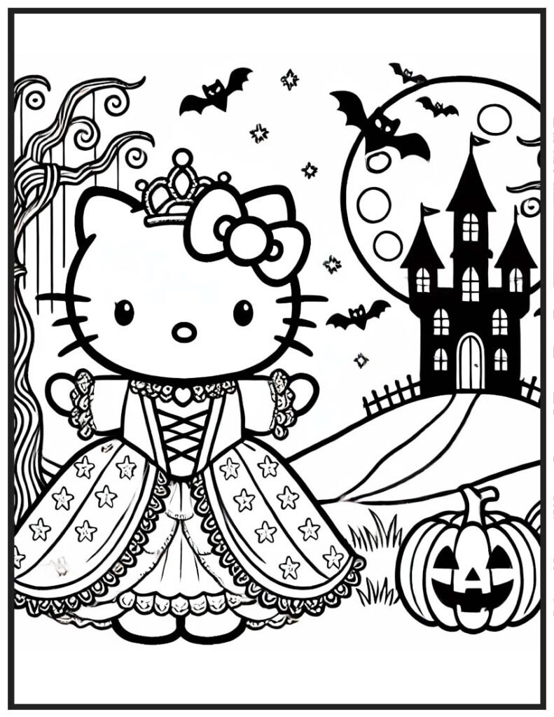 Hello Kitty Halloween Coloring Page - Princess at Haunted Castle