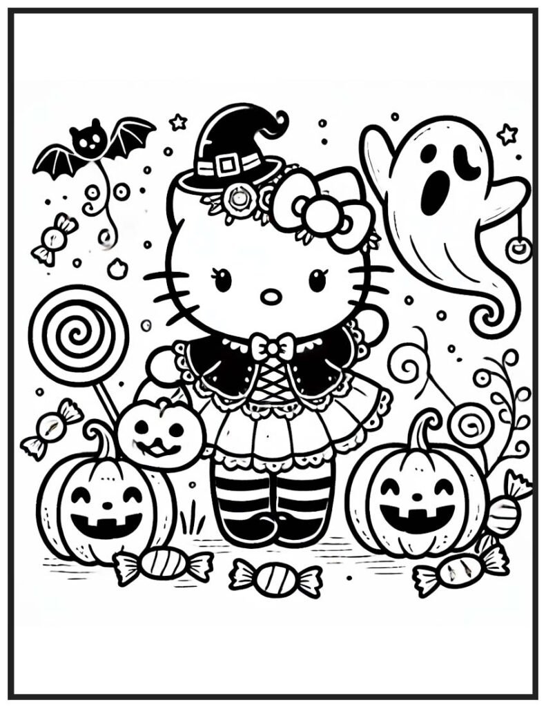 Hello Kitty Halloween Coloring Page - Pumpkins and Costume