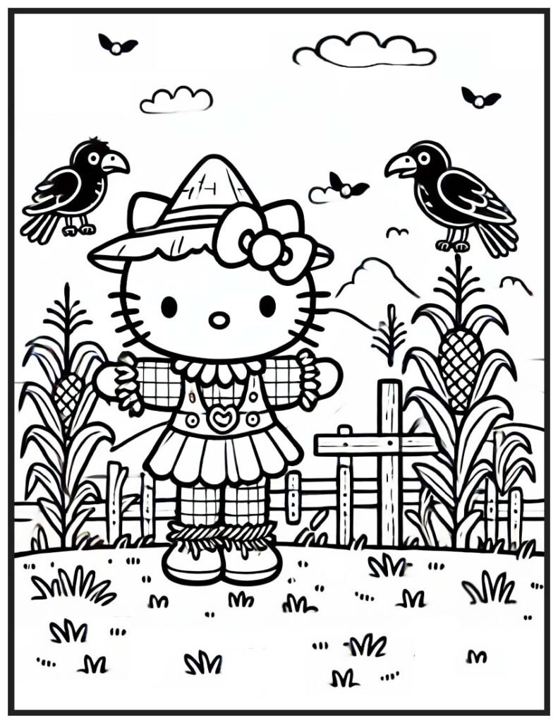 Hello Kitty Halloween Coloring Page - Scarecrow in the Field