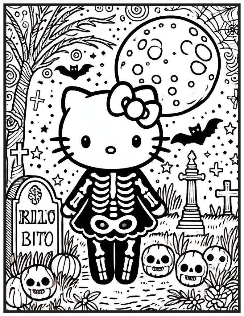 Hello Kitty Halloween Coloring Page - Skeleton in Graveyard