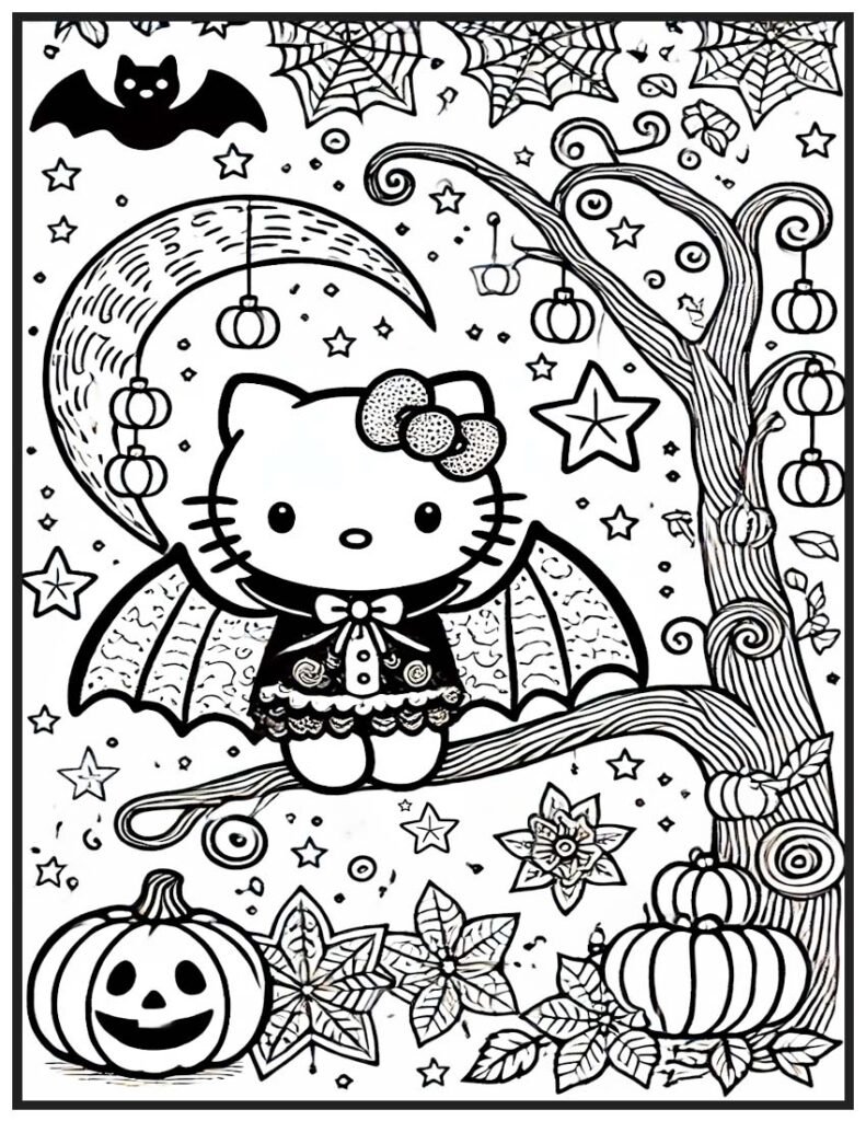 Hello Kitty Halloween Coloring Page - Vampire Bat on Tree Branch