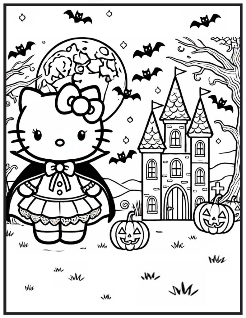 Hello Kitty Halloween Coloring Page - Vampire by the Castle