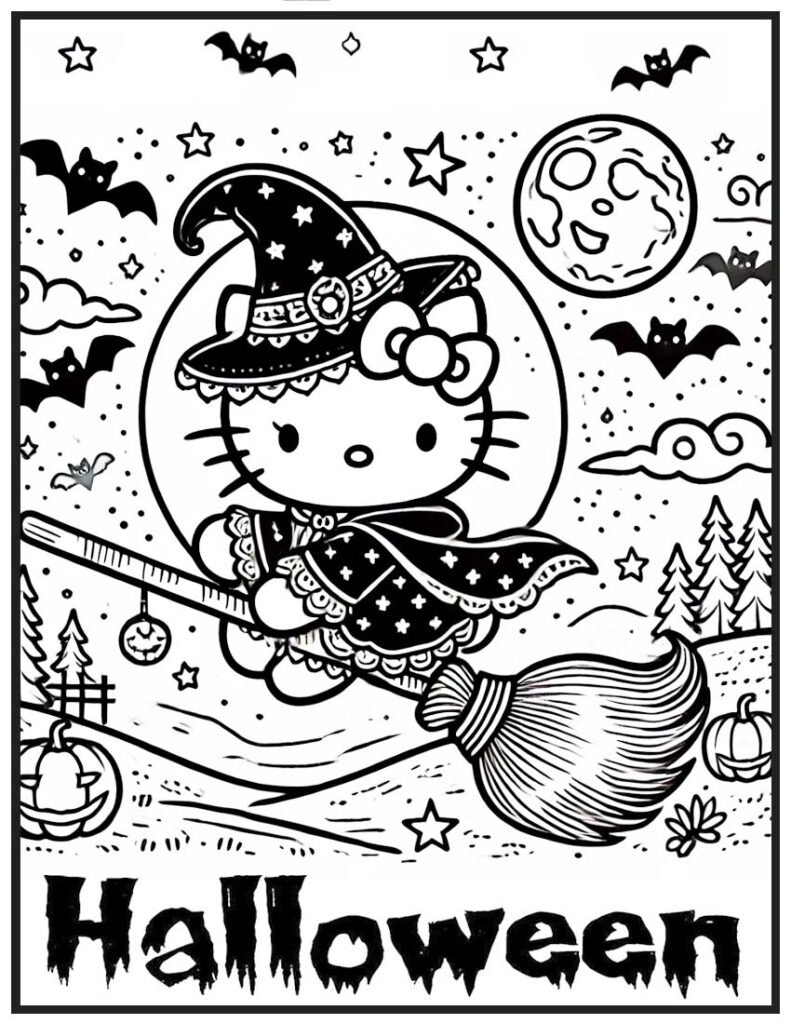 Hello Kitty Halloween Coloring Page - Witch on a Broomstick