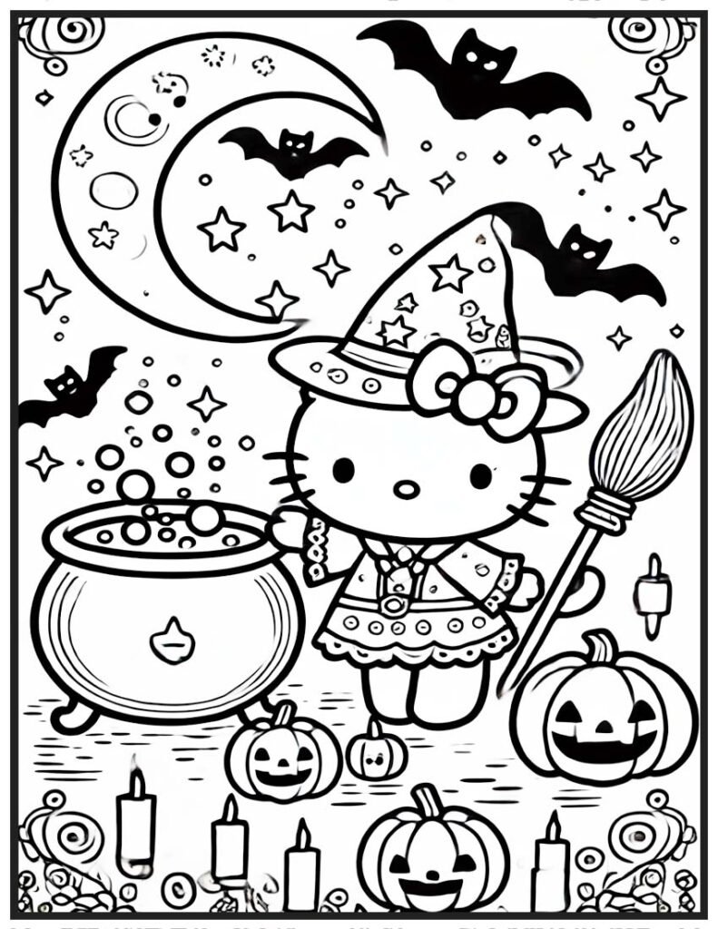 Hello Kitty Halloween Coloring Page - Witch with Bubbling Cauldron