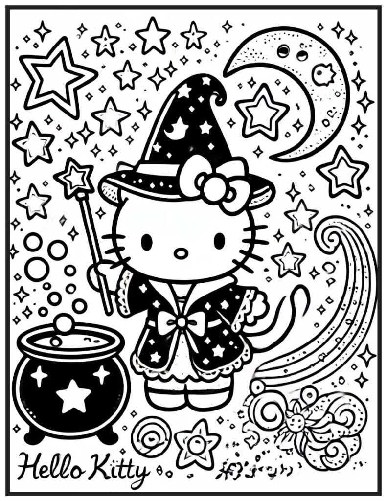 Hello Kitty Halloween Coloring Page - Wizard Casting a Spell