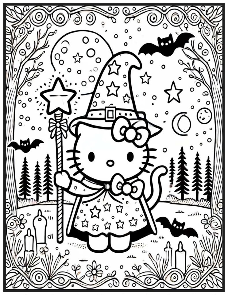 Hello Kitty Halloween Coloring Page - Wizard in Magical Forest