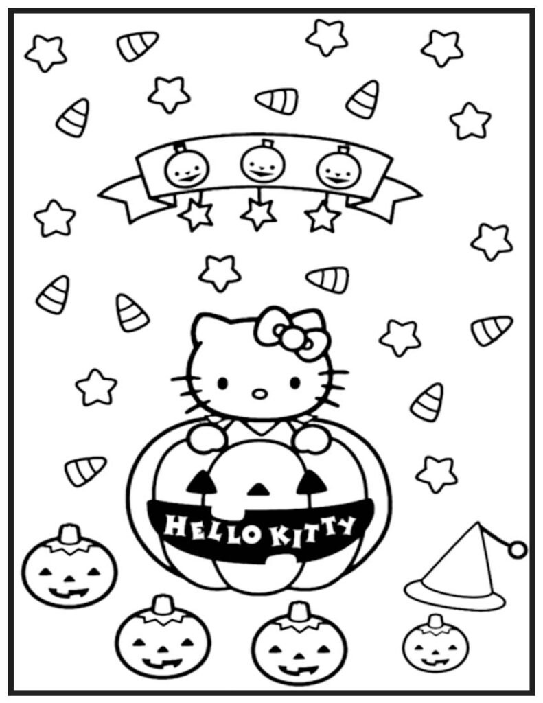 Hello Kitty Pumpkin Fun - Halloween Coloring Page