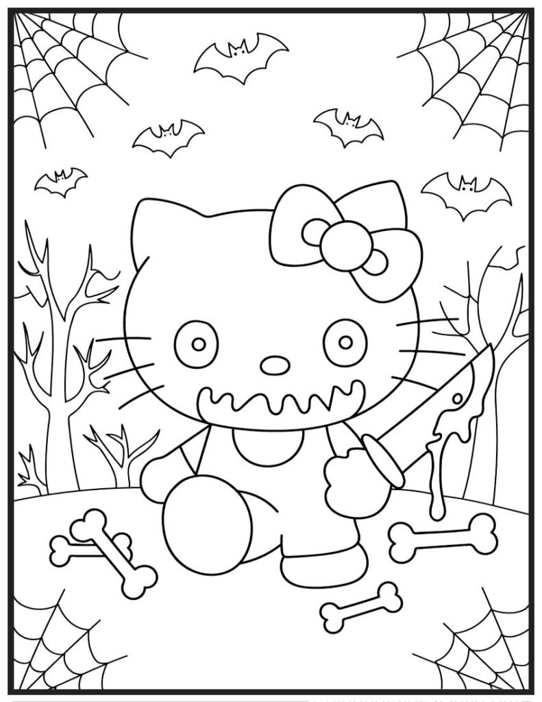 Hello Kitty Spooky Surprise - Halloween Coloring Page