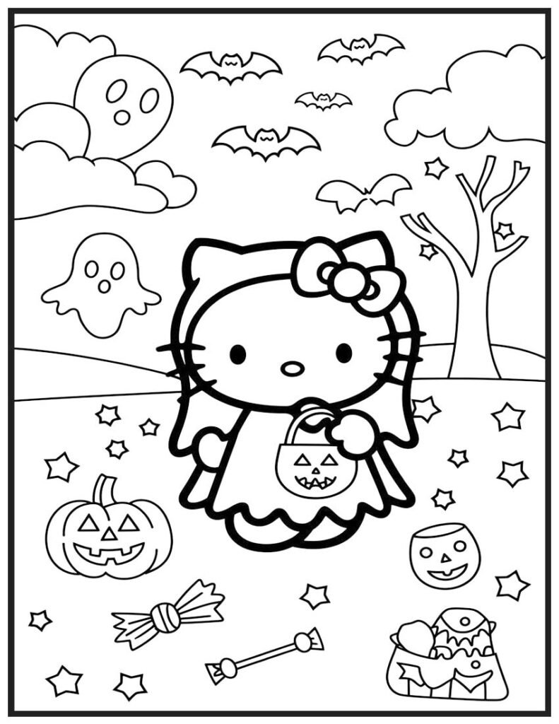 Hello Kitty Trick-or-Treating - Halloween Coloring Page