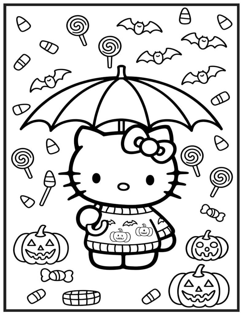 Hello Kitty Under a Halloween Candy Rain