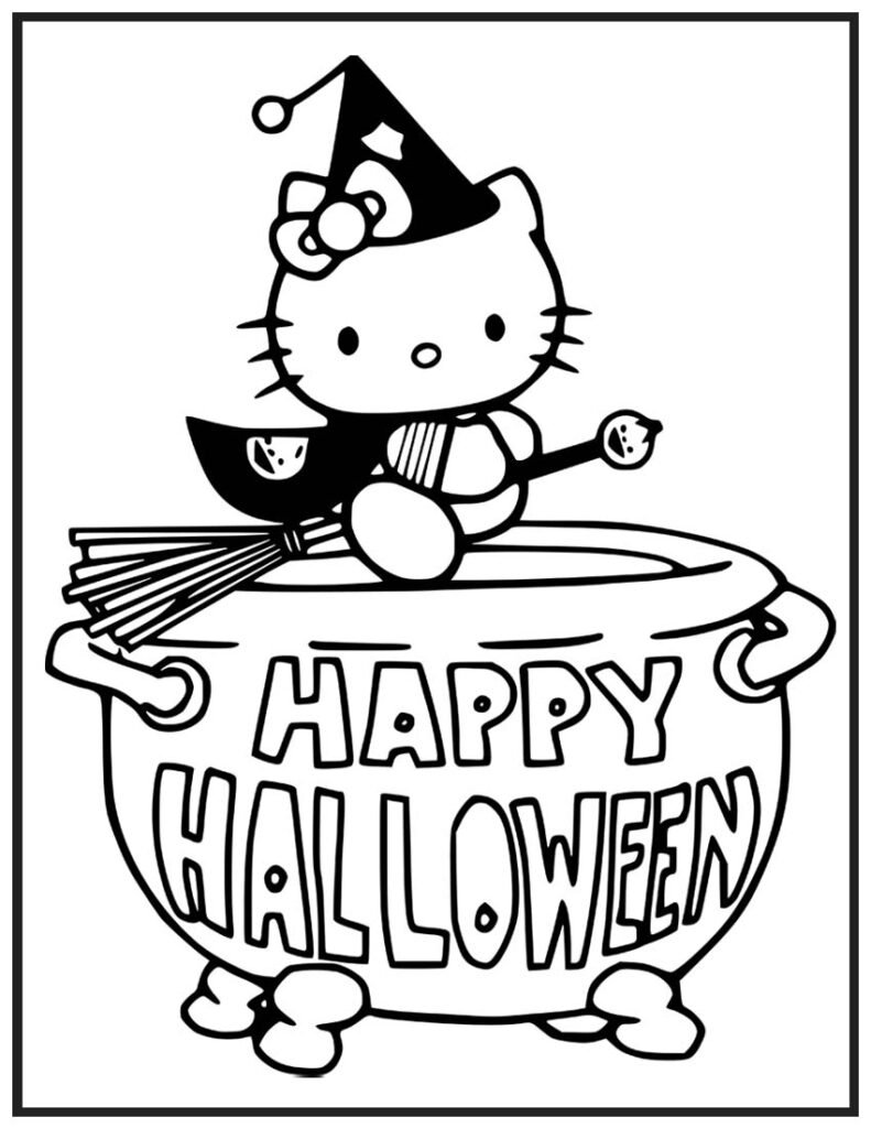 Hello Kitty Witch Says Happy Halloween Coloring Page