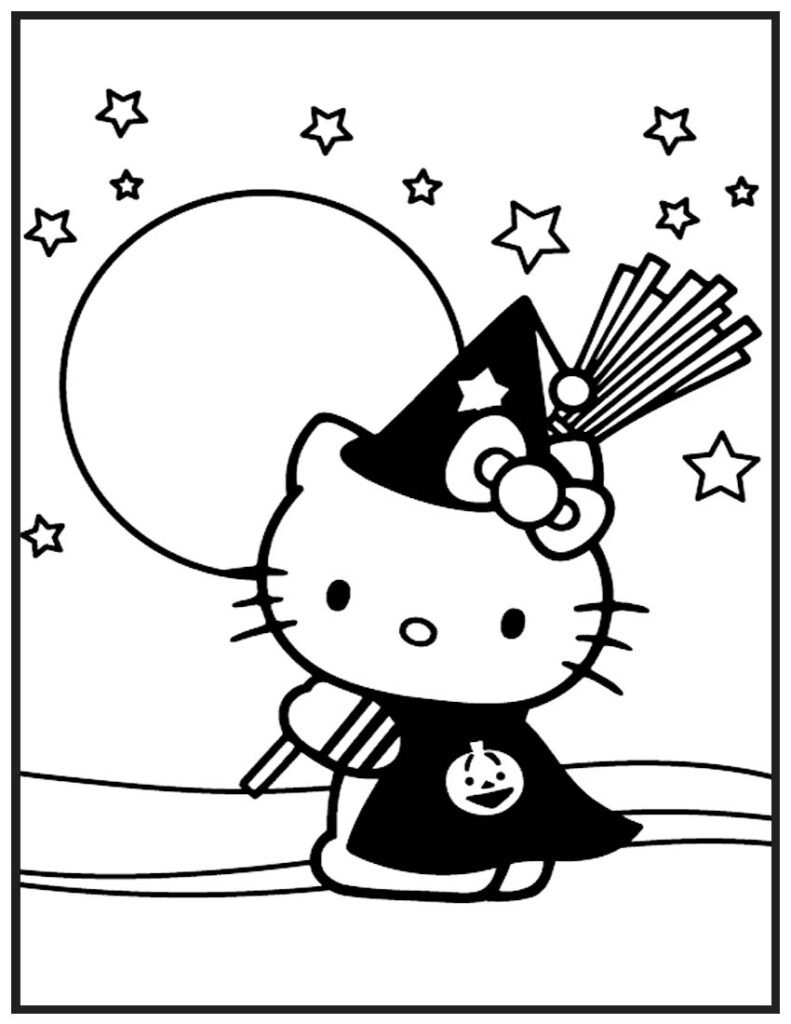 Hello Kitty Witch Under the Moon - Halloween Coloring Page