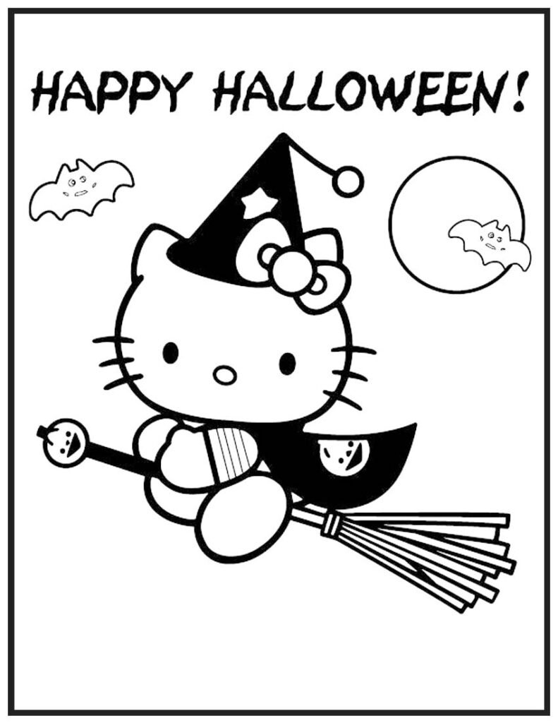 Hello Kitty Witch on a Broomstick - Halloween Coloring Page