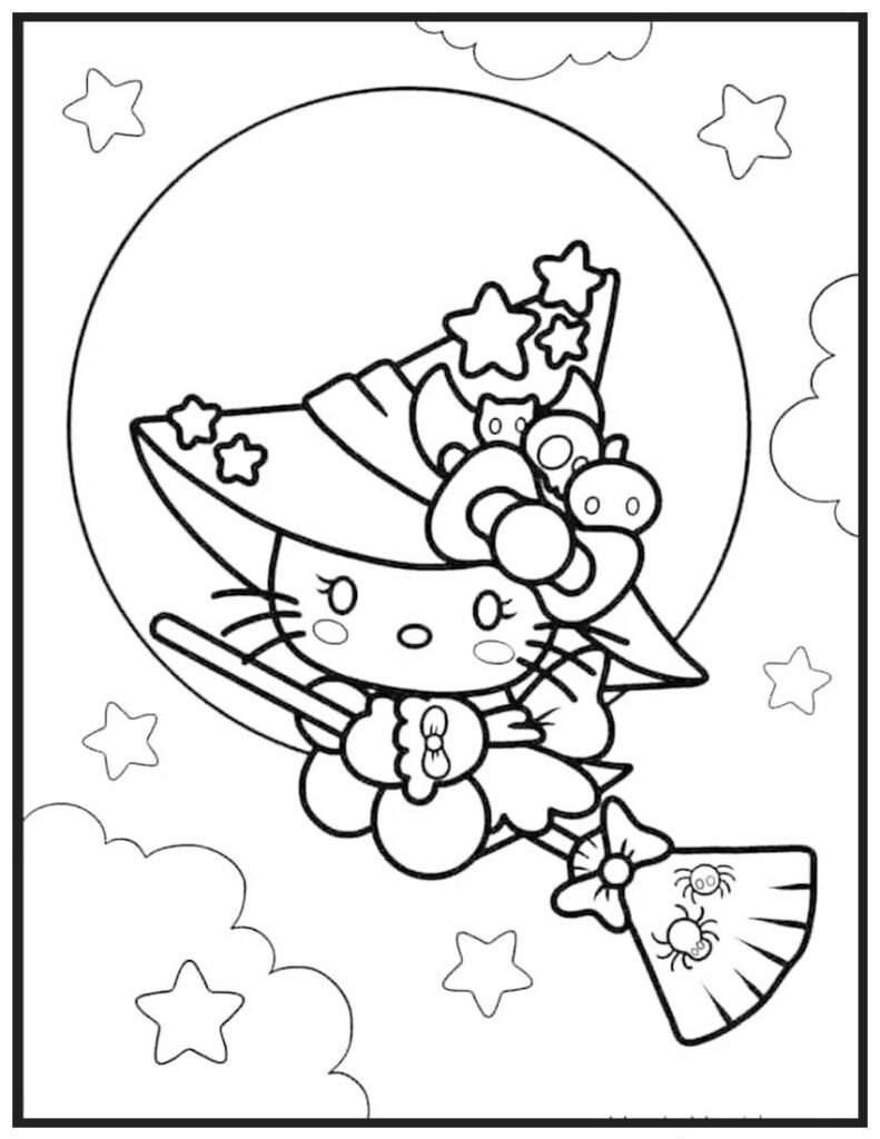 Hello Kitty Witch on the Broomstick - Halloween Coloring Page