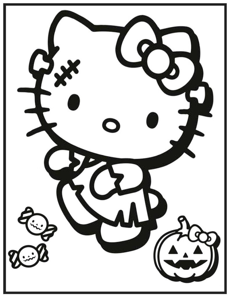 Hello Kitty Zombie Halloween Coloring Page