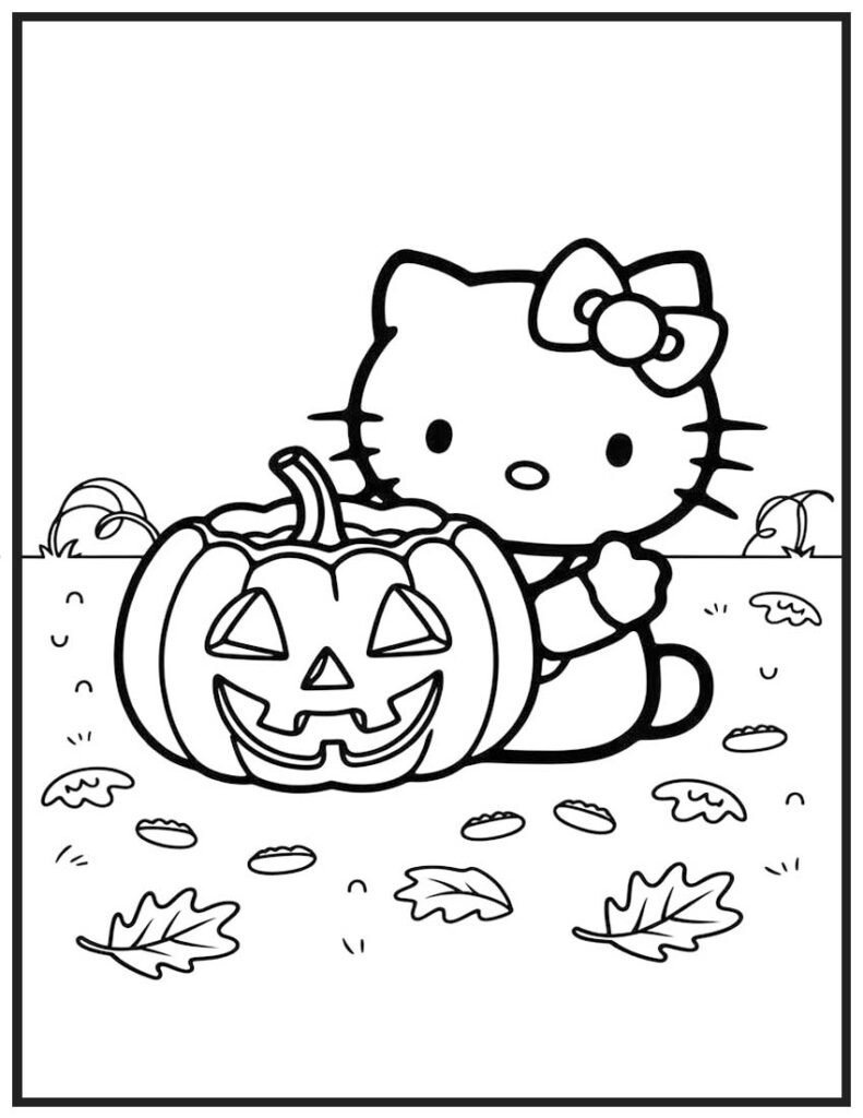 Hello Kitty and the Pumpkin - Halloween Coloring Page