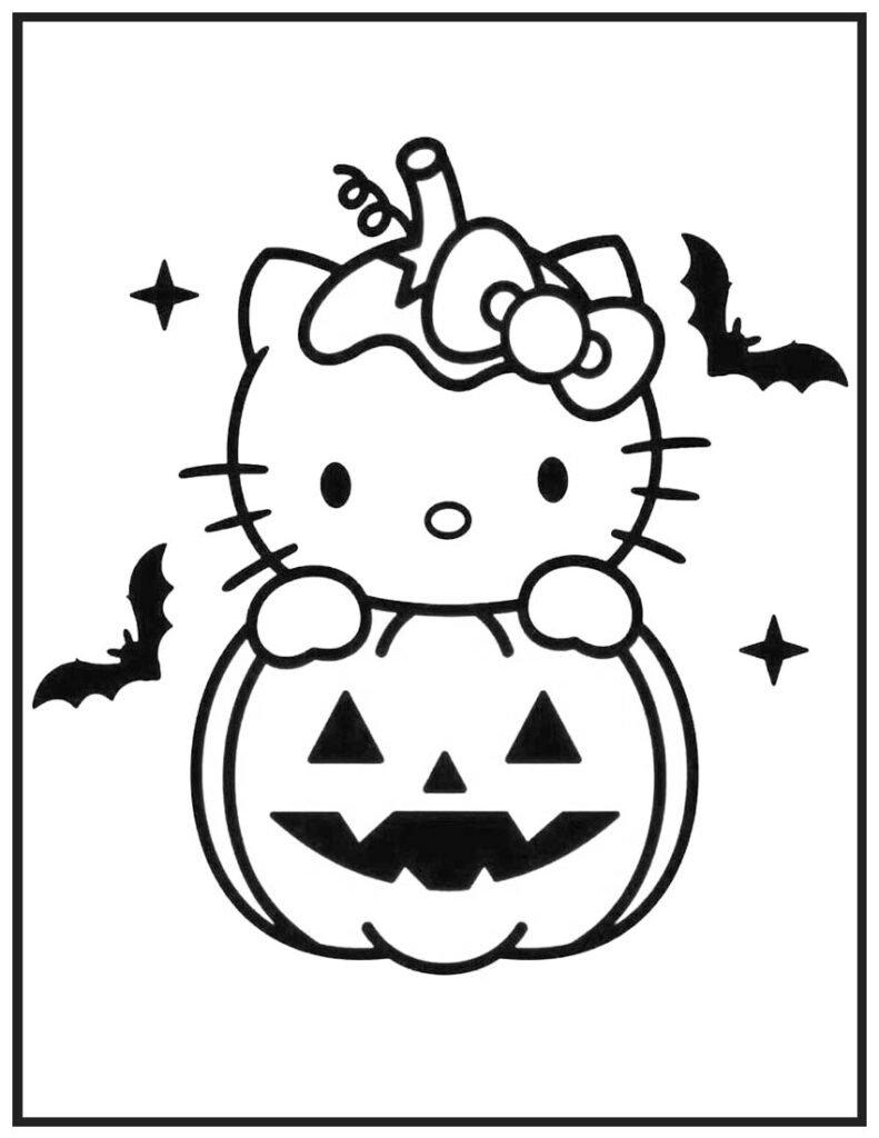 Hello Kitty over the Pumpkin - Halloween Coloring Page