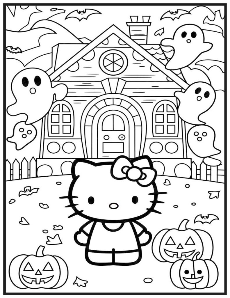 Hello Kittys Spooky House - Halloween Coloring Page