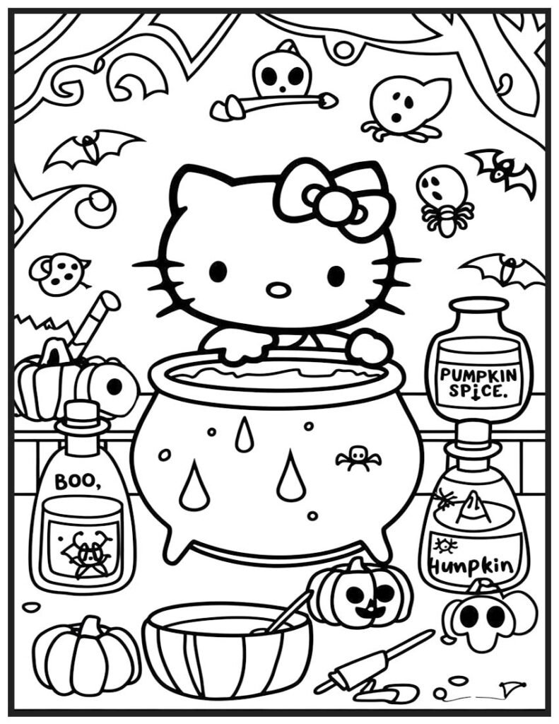 Hello Kittys Spooky Potion - Halloween Coloring Page