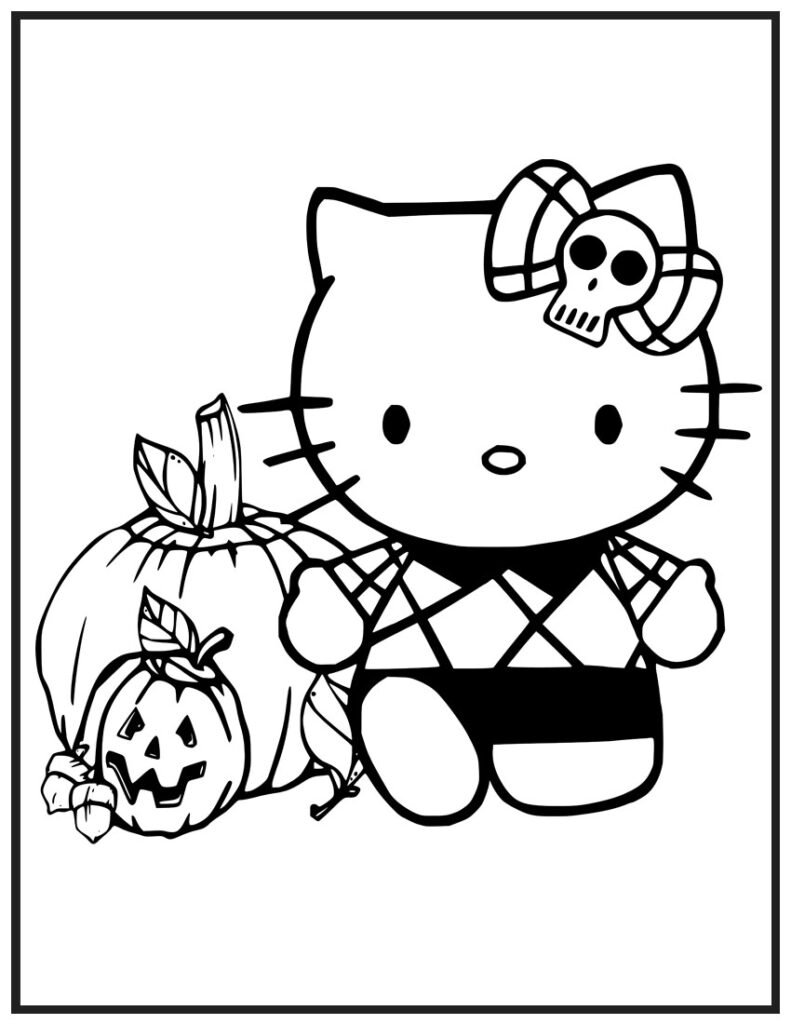 Spooky Hello Kittys Halloween Coloring Page