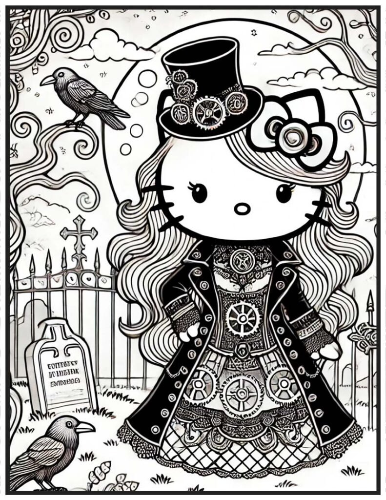 Steampunk Inspired with an eerie Cemetery Backdrop Hello Kitty Coloring Page