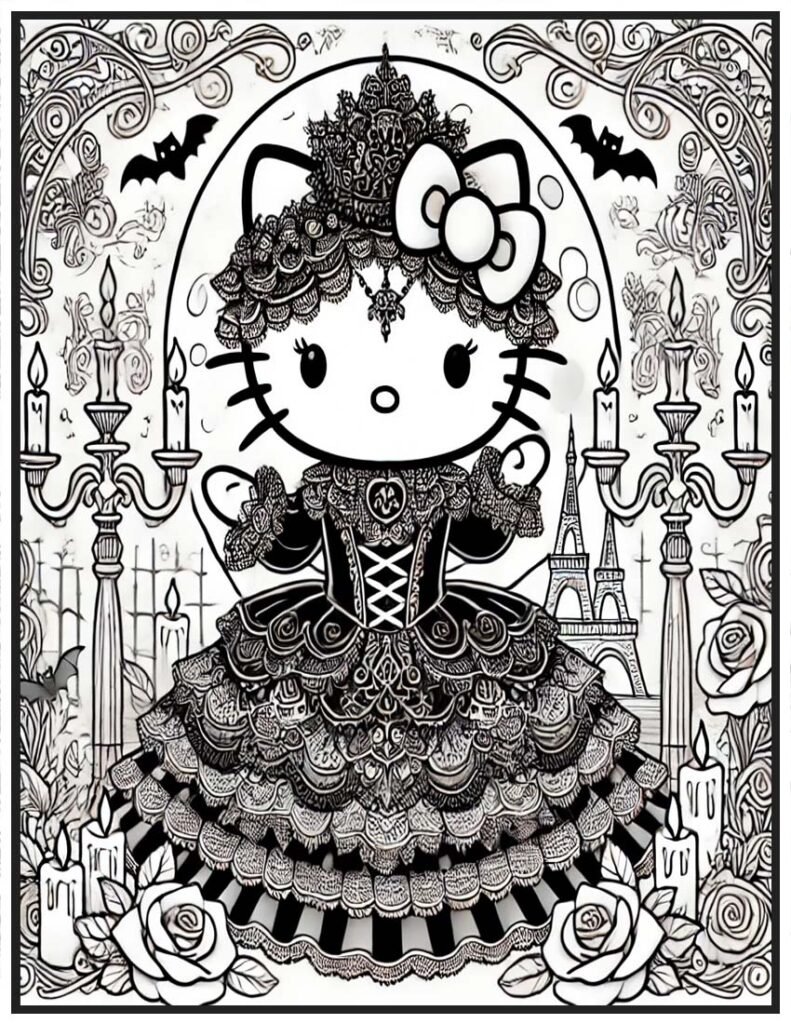 Victorian and spooky Hello Kitty Coloring Page